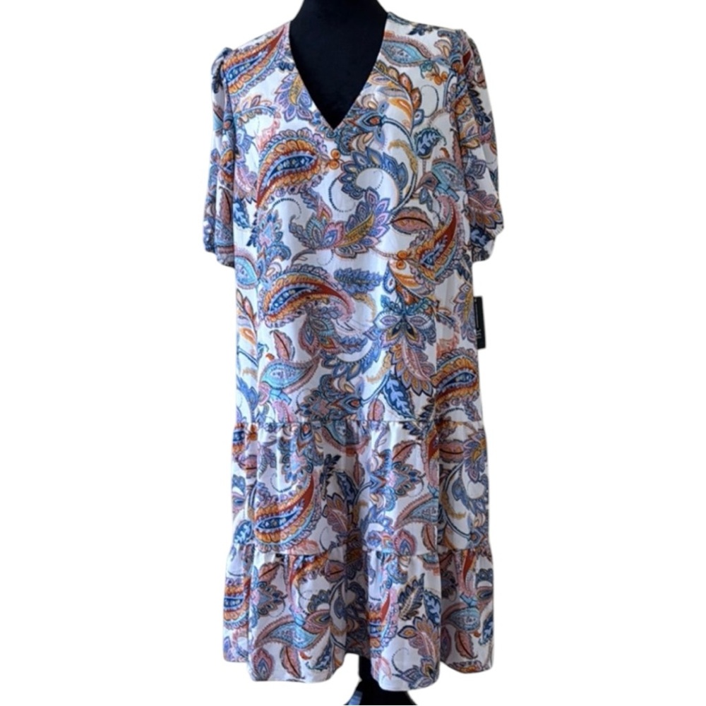 International Concepts Dress White Paisley V-Neck in‎ Size XL  NWT
